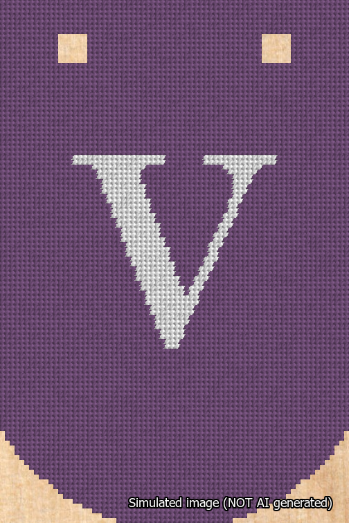 A simulated image of the stitched needlepoint design: Banner 18m Curved V White on Purple. Not A.I. generated.