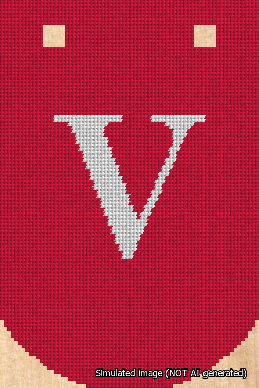 A simulated image of the stitched needlepoint design: Banner 18m Curved V White on Red. Not A.I. generated.