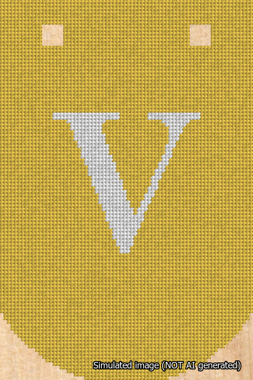 A simulated image of the stitched needlepoint design: Banner 18m Curved V White on Yellow. Not A.I. generated.