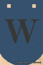 A simulated image of the stitched needlepoint design: Banner 18m Curved W Black on Blue. Not A.I. generated.