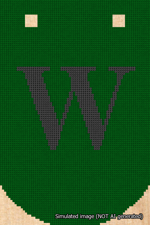 A simulated image of the stitched needlepoint design: Banner 18m Curved W Black on Green. Not A.I. generated.