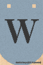 A simulated image of the stitched needlepoint design: Banner 18m Curved W Black on Light Blue. Not A.I. generated.