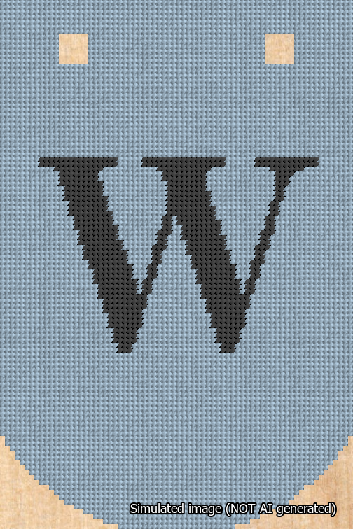 A simulated image of the stitched needlepoint design: Banner 18m Curved W Black on Light Blue. Not A.I. generated.