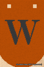 A simulated image of the stitched needlepoint design: Banner 18m Curved W Black on Orange. Not A.I. generated.