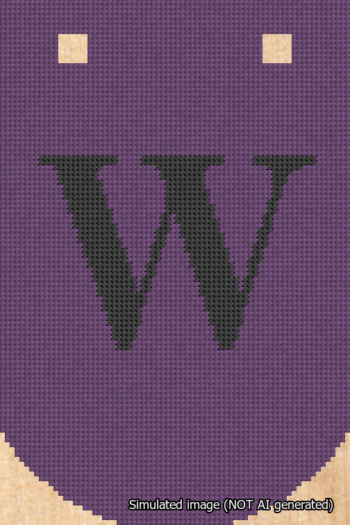 A simulated image of the stitched needlepoint design: Banner 18m Curved W Black on Purple. Not A.I. generated.