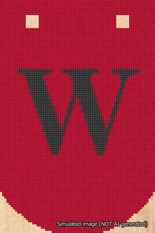 A simulated image of the stitched needlepoint design: Banner 18m Curved W Black on Red. Not A.I. generated.