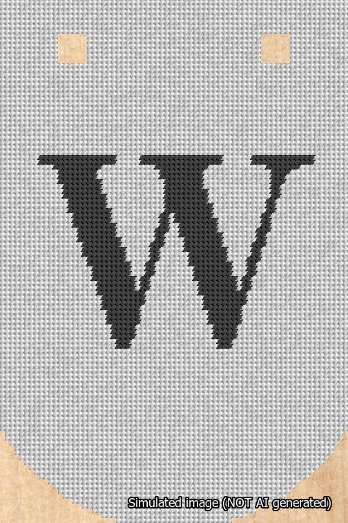 A simulated image of the stitched needlepoint design: Banner 18m Curved W Black on White. Not A.I. generated.