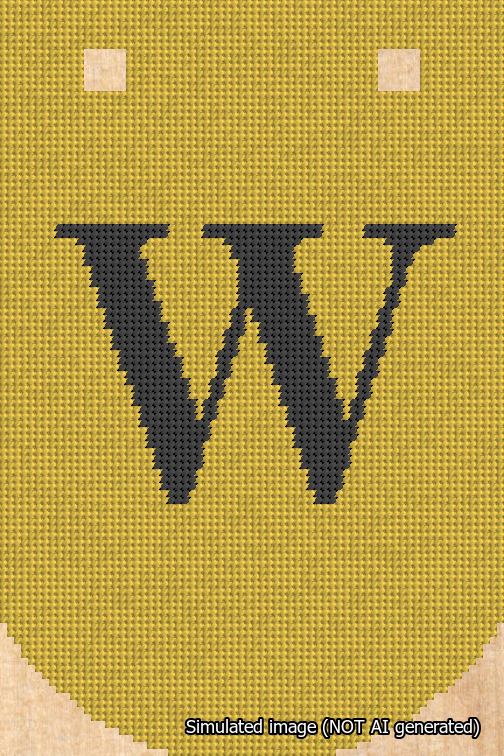 A simulated image of the stitched needlepoint design: Banner 18m Curved W Black on Yellow. Not A.I. generated.