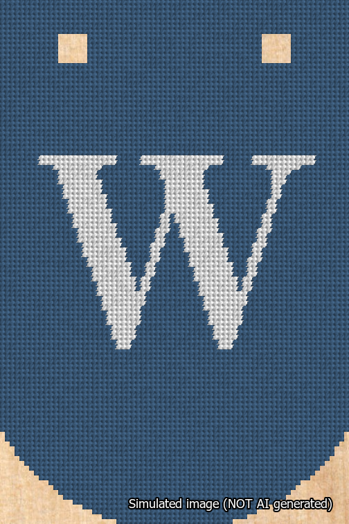 A simulated image of the stitched needlepoint design: Banner 18m Curved W White on Blue. Not A.I. generated.