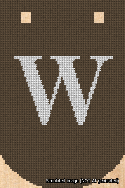 A simulated image of the stitched needlepoint design: Banner 18m Curved W White on Brown. Not A.I. generated.