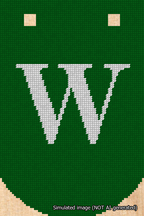A simulated image of the stitched needlepoint design: Banner 18m Curved W White on Green. Not A.I. generated.