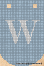 A simulated image of the stitched needlepoint design: Banner 18m Curved W White on Light Blue. Not A.I. generated.