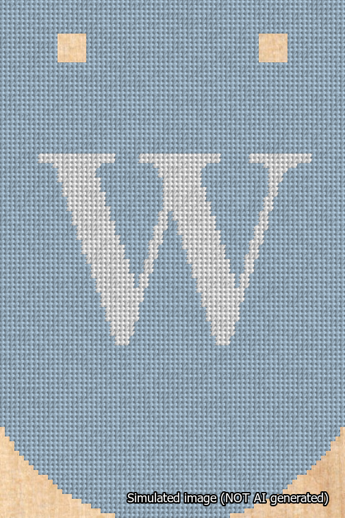 A simulated image of the stitched needlepoint design: Banner 18m Curved W White on Light Blue. Not A.I. generated.