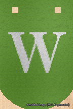 A simulated image of the stitched needlepoint design: Banner 18m Curved W White on Light Green. Not A.I. generated.