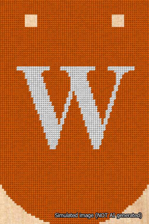 A simulated image of the stitched needlepoint design: Banner 18m Curved W White on Orange. Not A.I. generated.