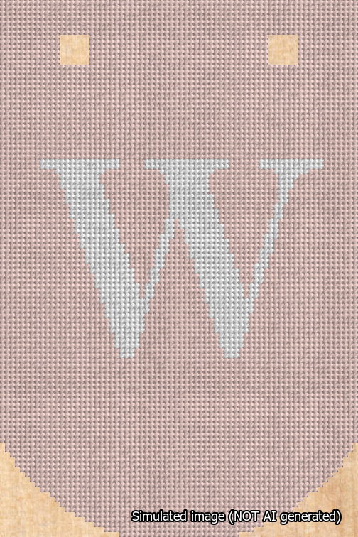 A simulated image of the stitched needlepoint design: Banner 18m Curved W White on Pink. Not A.I. generated.