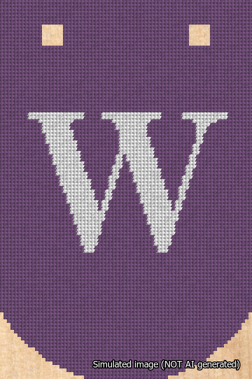 A simulated image of the stitched needlepoint design: Banner 18m Curved W White on Purple. Not A.I. generated.