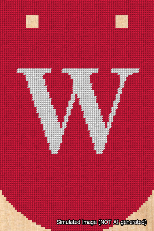 A simulated image of the stitched needlepoint design: Banner 18m Curved W White on Red. Not A.I. generated.