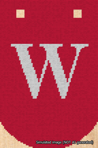 A simulated image of the stitched needlepoint design: Banner 18m Curved W White on Red. Not A.I. generated.