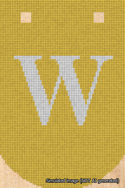 A simulated image of the stitched needlepoint design: Banner 18m Curved W White on Yellow. Not A.I. generated.