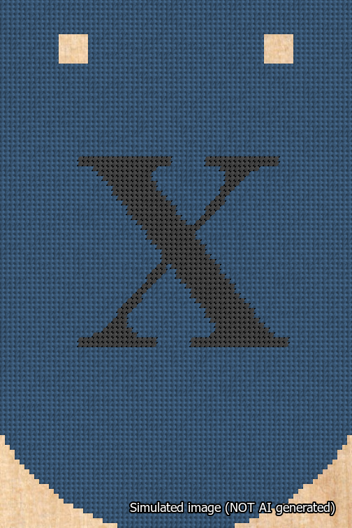 A simulated image of the stitched needlepoint design: Banner 18m Curved X Black on Blue. Not A.I. generated.