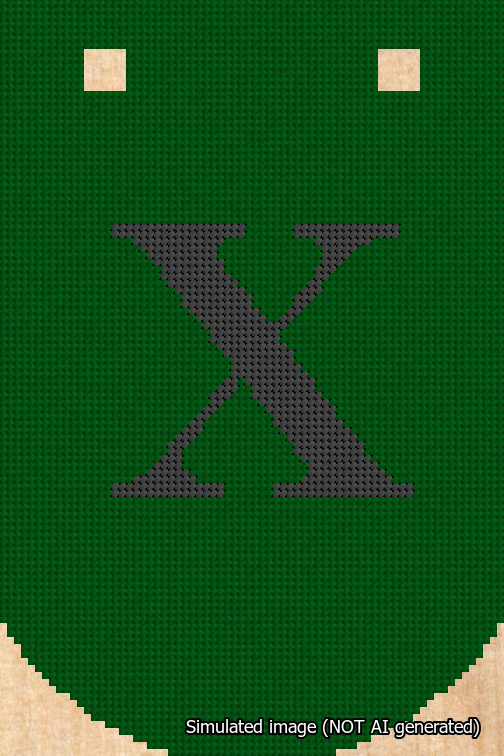 A simulated image of the stitched needlepoint design: Banner 18m Curved X Black on Green. Not A.I. generated.