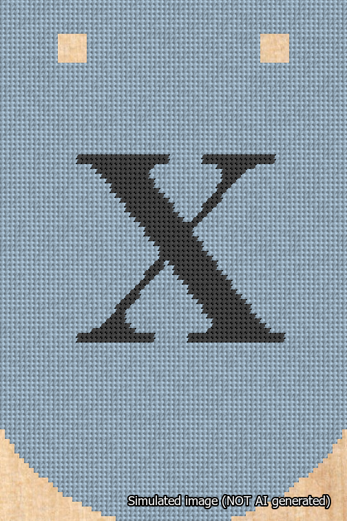 A simulated image of the stitched needlepoint design: Banner 18m Curved X Black on Light Blue. Not A.I. generated.