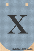 A simulated image of the stitched needlepoint design: Banner 18m Curved X Black on Light Blue. Not A.I. generated.