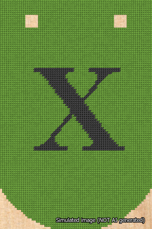 A simulated image of the stitched needlepoint design: Banner 18m Curved X Black on Light Green. Not A.I. generated.