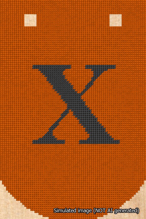 A simulated image of the stitched needlepoint design: Banner 18m Curved X Black on Orange. Not A.I. generated.