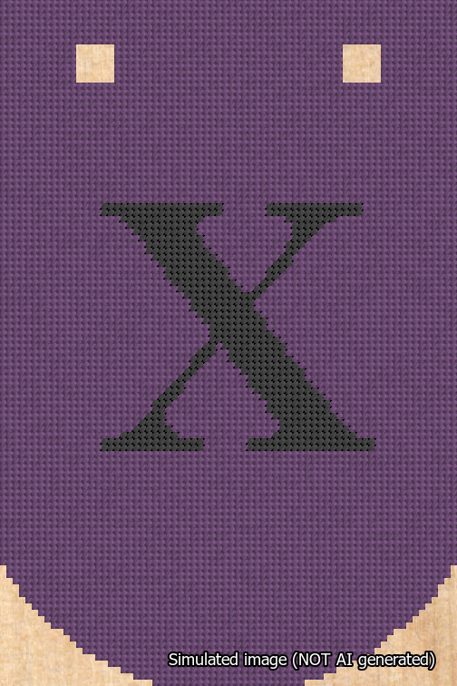 A simulated image of the stitched needlepoint design: Banner 18m Curved X Black on Purple. Not A.I. generated.