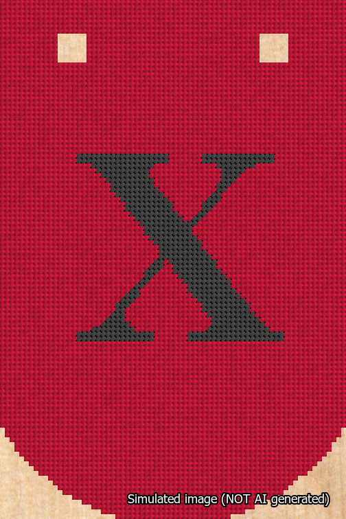 A simulated image of the stitched needlepoint design: Banner 18m Curved X Black on Red. Not A.I. generated.