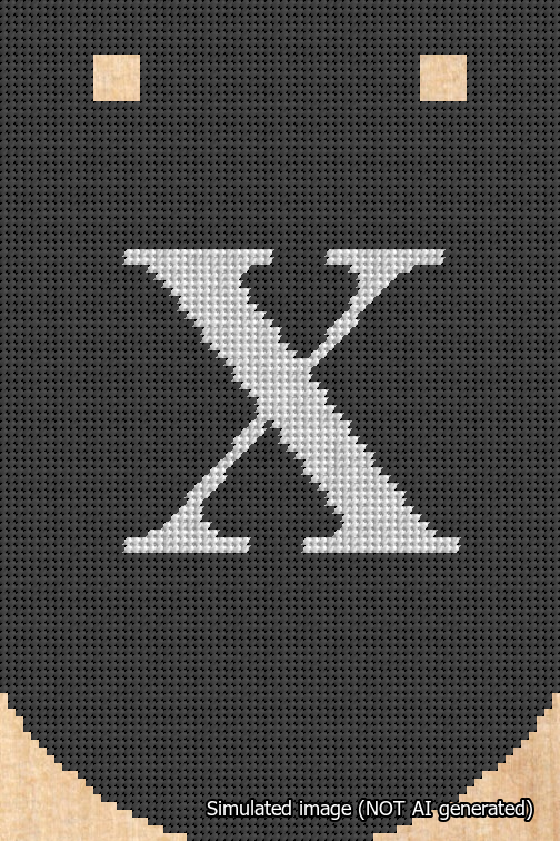 A simulated image of the stitched needlepoint design: Banner 18m Curved X White on Black. Not A.I. generated.