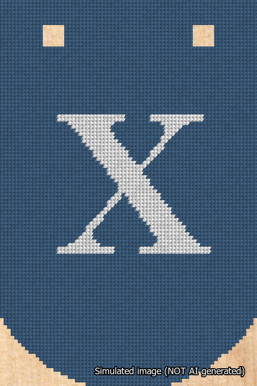 A simulated image of the stitched needlepoint design: Banner 18m Curved X White on Blue. Not A.I. generated.