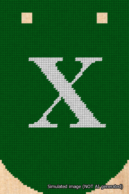 A simulated image of the stitched needlepoint design: Banner 18m Curved X White on Green. Not A.I. generated.