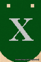 A simulated image of the stitched needlepoint design: Banner 18m Curved X White on Green. Not A.I. generated.