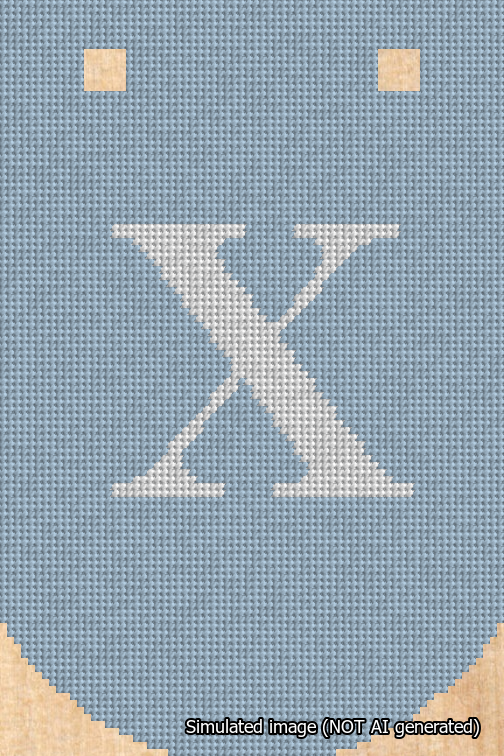 A simulated image of the stitched needlepoint design: Banner 18m Curved X White on Light Blue. Not A.I. generated.