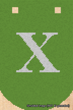 A simulated image of the stitched needlepoint design: Banner 18m Curved X White on Light Green. Not A.I. generated.