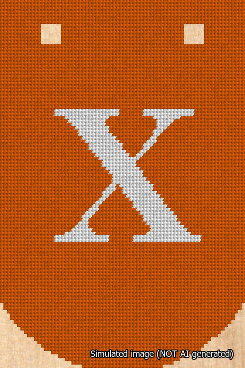 A simulated image of the stitched needlepoint design: Banner 18m Curved X White on Orange. Not A.I. generated.