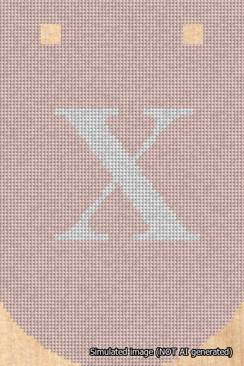 A simulated image of the stitched needlepoint design: Banner 18m Curved X White on Pink. Not A.I. generated.