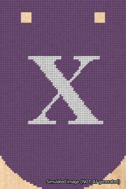 A simulated image of the stitched needlepoint design: Banner 18m Curved X White on Purple. Not A.I. generated.