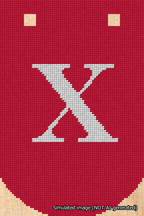 A simulated image of the stitched needlepoint design: Banner 18m Curved X White on Red. Not A.I. generated.