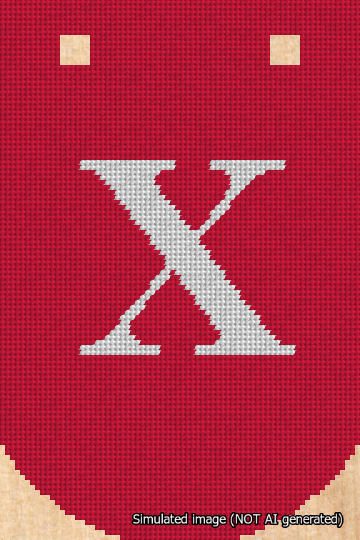 A simulated image of the stitched needlepoint design: Banner 18m Curved X White on Red. Not A.I. generated.