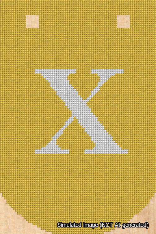 A simulated image of the stitched needlepoint design: Banner 18m Curved X White on Yellow. Not A.I. generated.