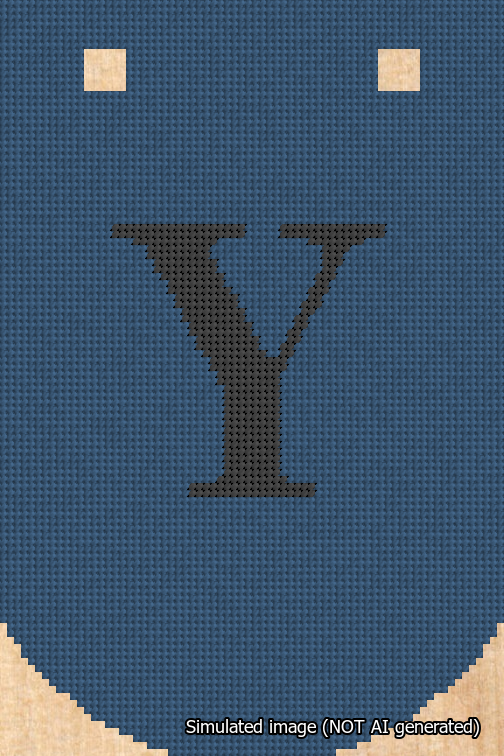A simulated image of the stitched needlepoint design: Banner 18m Curved Y Black on Blue. Not A.I. generated.