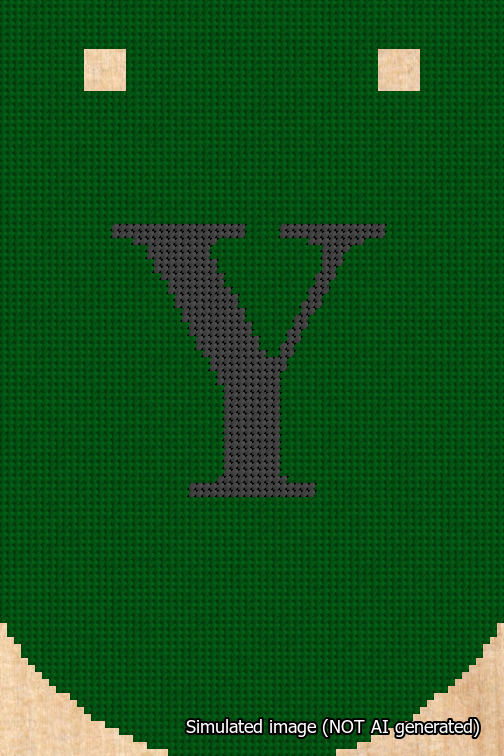 A simulated image of the stitched needlepoint design: Banner 18m Curved Y Black on Green. Not A.I. generated.