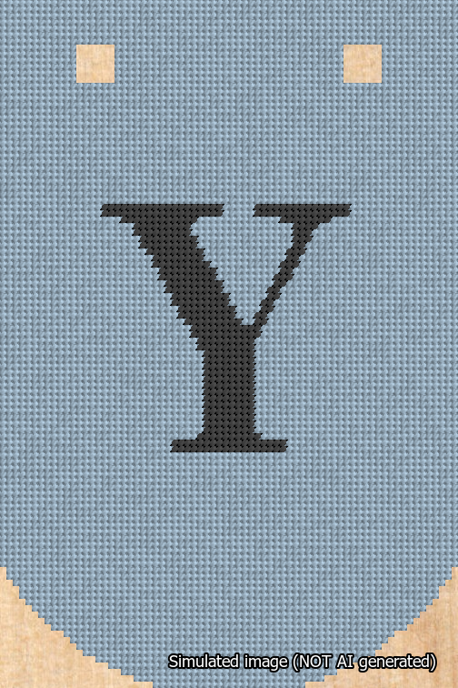 A simulated image of the stitched needlepoint design: Banner 18m Curved Y Black on Light Blue. Not A.I. generated.