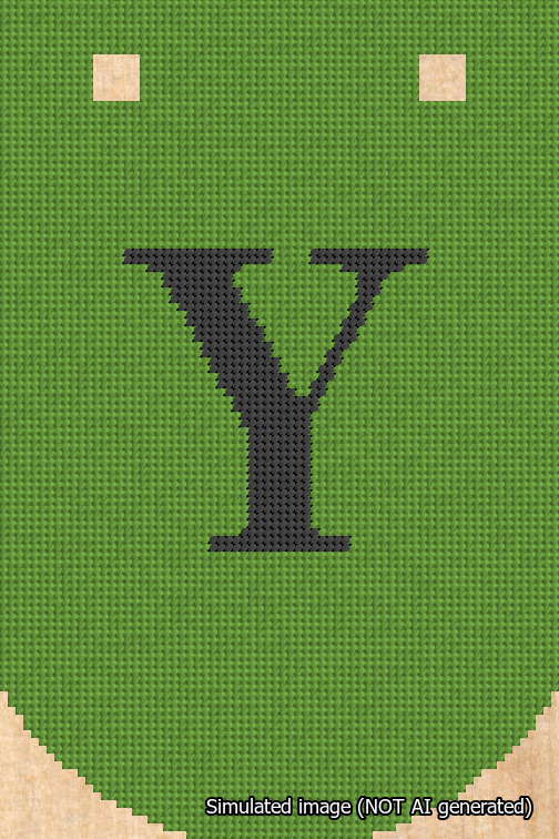 A simulated image of the stitched needlepoint design: Banner 18m Curved Y Black on Light Green. Not A.I. generated.