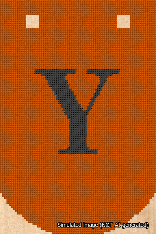 A simulated image of the stitched needlepoint design: Banner 18m Curved Y Black on Orange. Not A.I. generated.