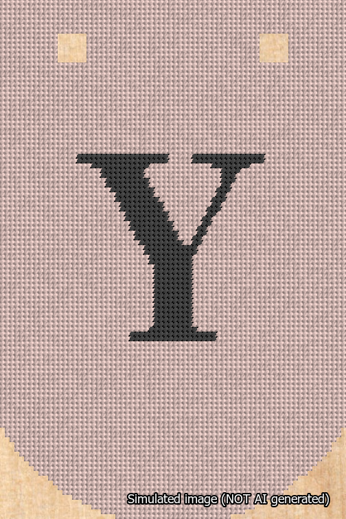 A simulated image of the stitched needlepoint design: Banner 18m Curved Y Black on Pink. Not A.I. generated.